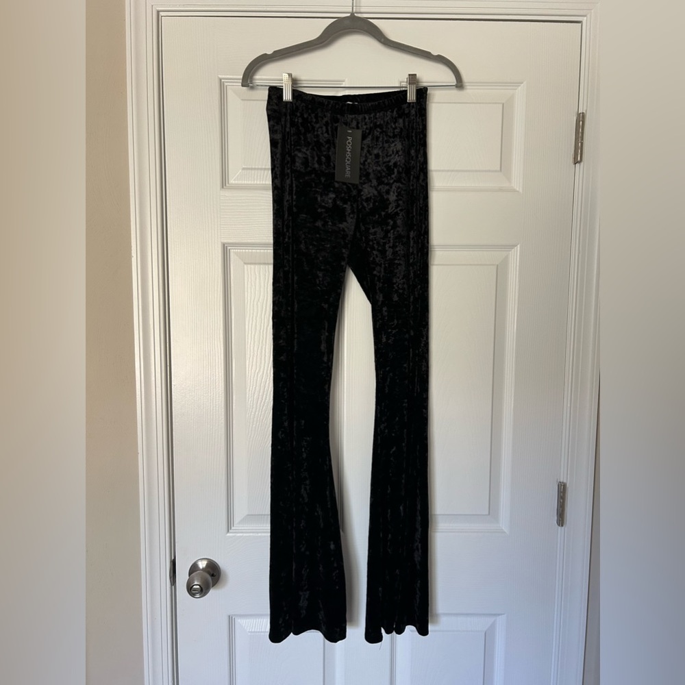 NWT High Waisted Black Crushed Velvet Bell Bottom Pants With Elastic Waiste